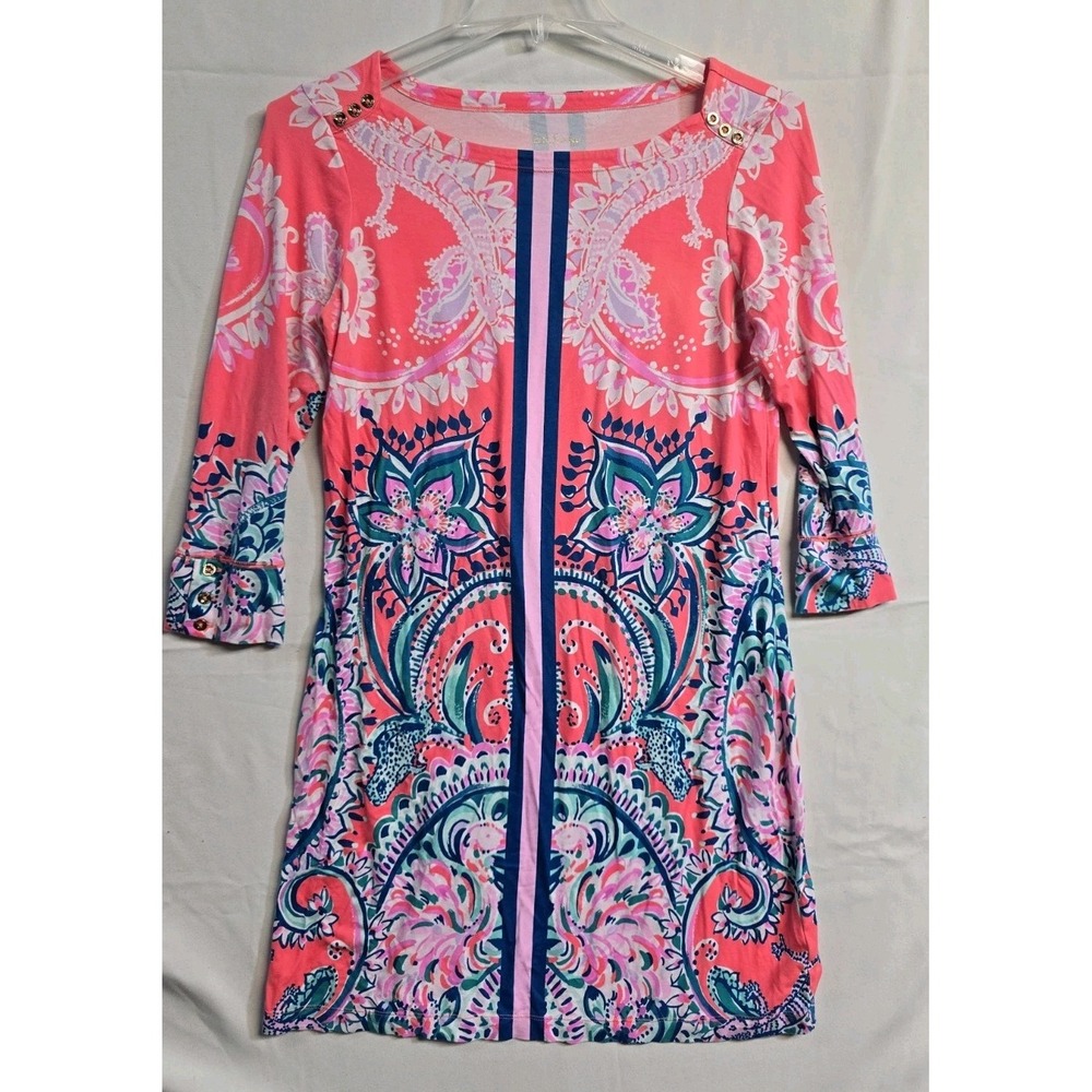 Lily Pulitzer Dress Womens Size L Coral Multi Jersey Floral Boat Neck 3/4